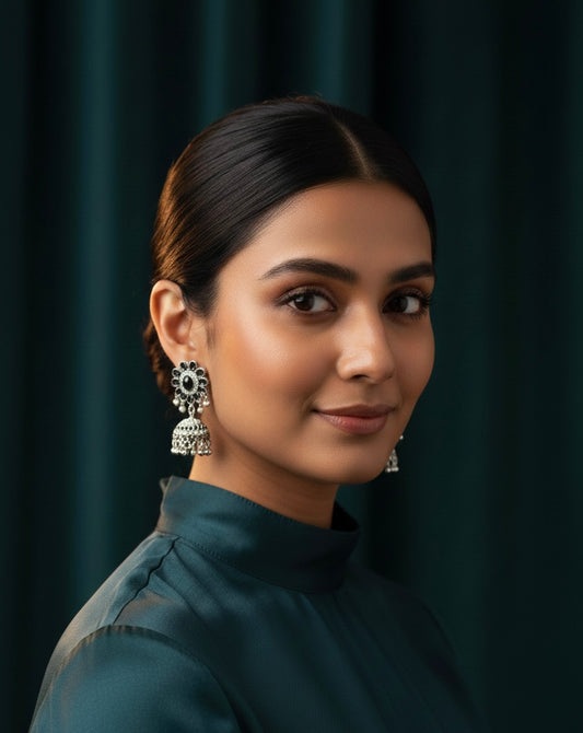 Elegant Monochrome Silver-Tone Jhumka Earrings