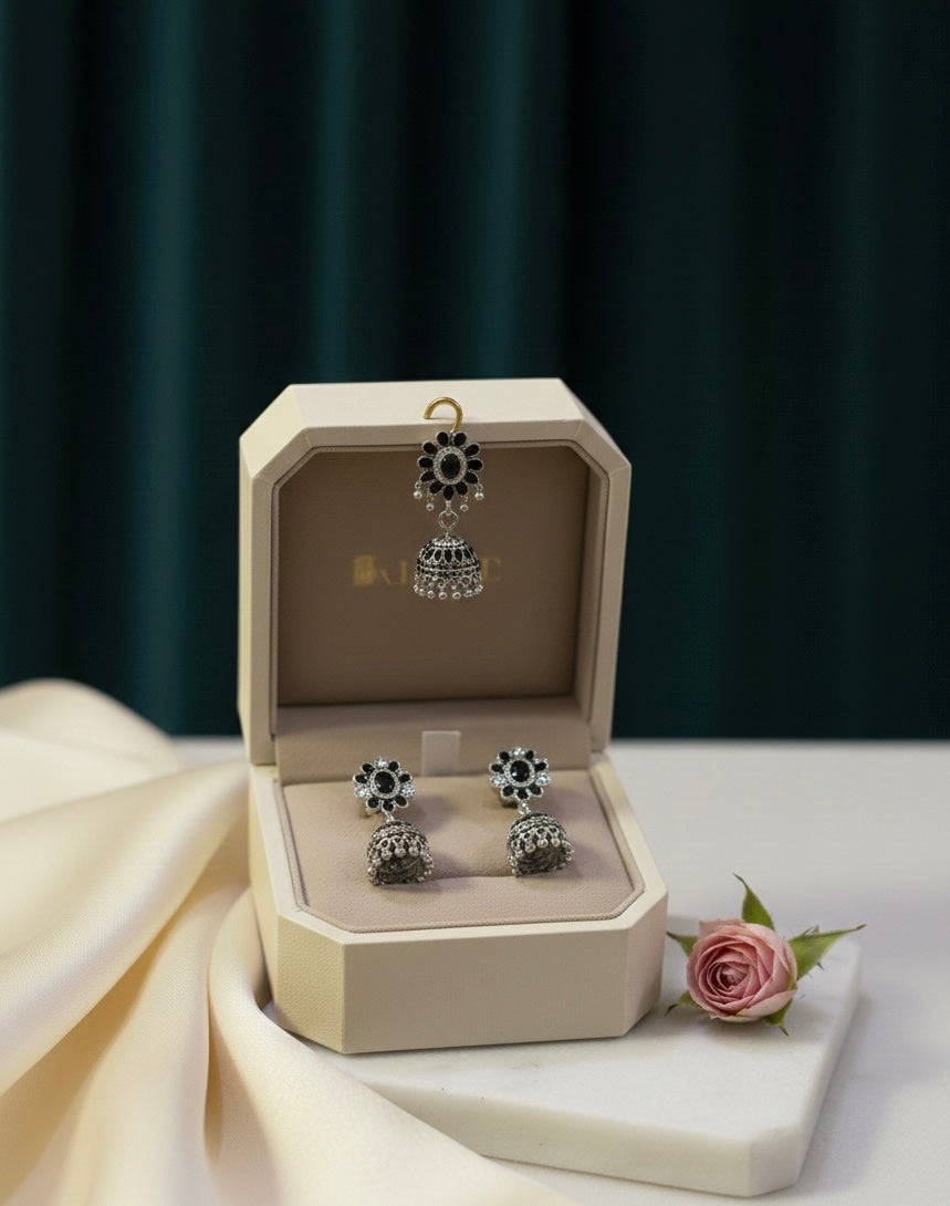 Elegant Monochrome Silver-Tone Jhumka Earrings