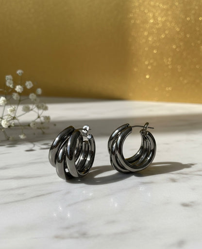 Steenless Steel , 14K Gold plating, Triple-hoop silhouette.