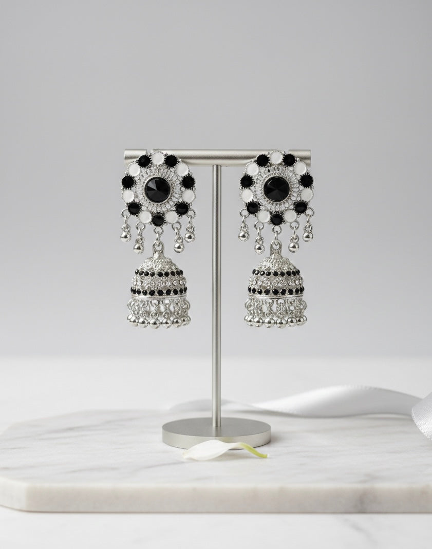 Elegant Monochrome Silver-Tone Jhumka Earrings