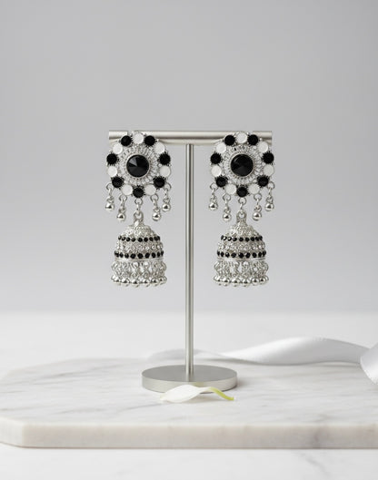 Elegant Monochrome Silver-Tone Jhumka Earrings