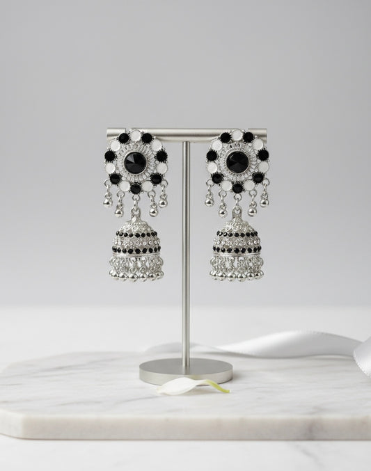 Elegant Monochrome Silver-Tone Jhumka Earrings