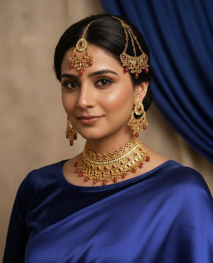 Elegant Gold-Plated Bridal Jewellery Set with Ruby Accents