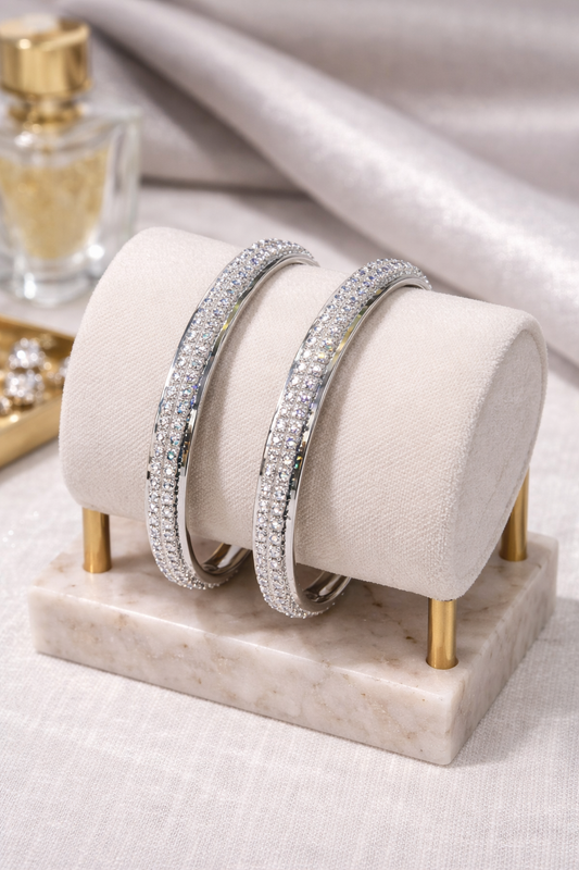 Elegant Silver Diamond-Encrusted Bangle Set