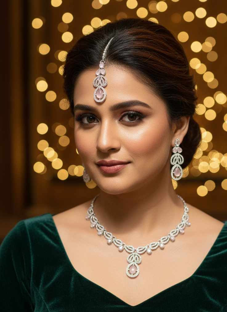 Elegant & Detailed. , Sparkling Silver & Blush Pink Teardrop bridal set