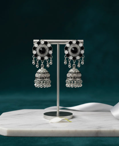 Elegant Monochrome Silver-Tone Jhumka Earrings