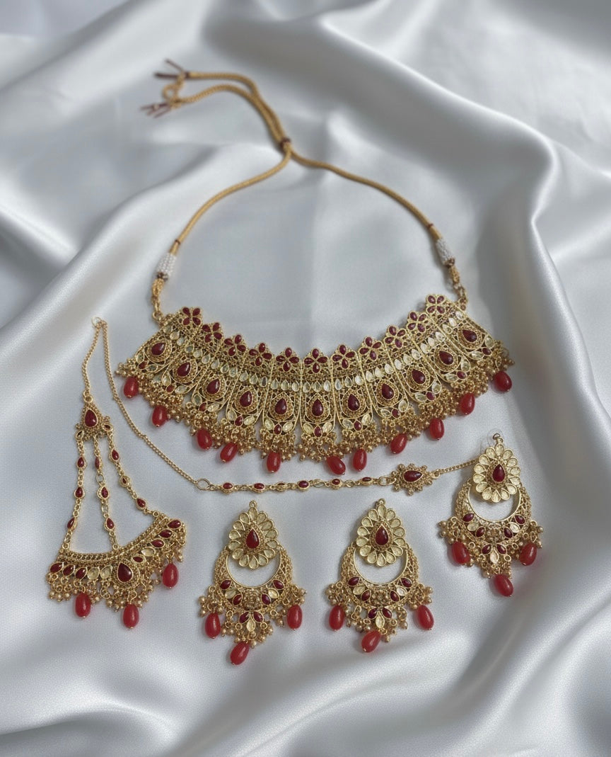 Elegant Gold-Plated Bridal Jewellery Set with Ruby Accents