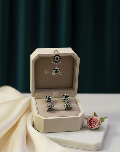 Elegant Monochrome Silver-Tone Jhumka Earrings