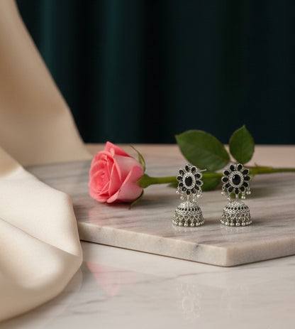Elegant Monochrome Silver-Tone Jhumka Earrings
