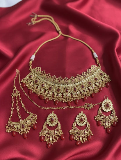 Elegant Gold-Plated Bridal Jewellery Set with Ruby Accents
