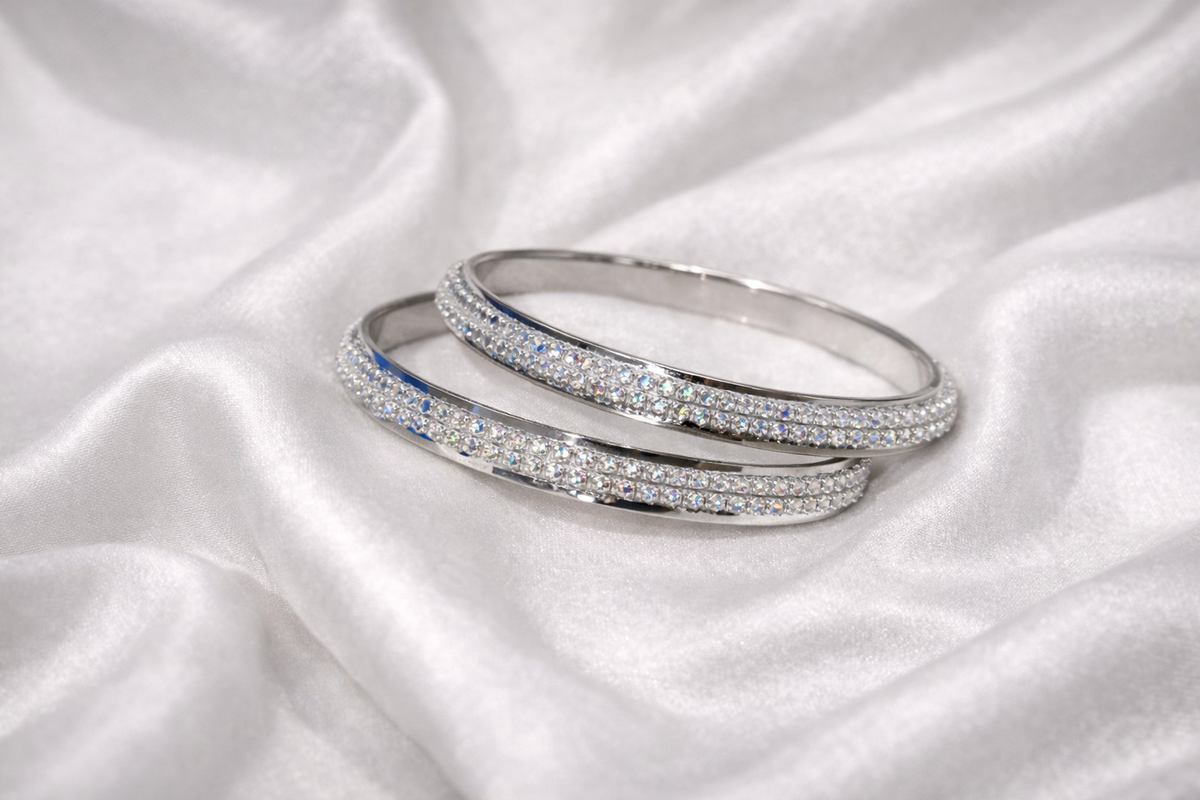 Elegant Silver Diamond-Encrusted Bangle Set