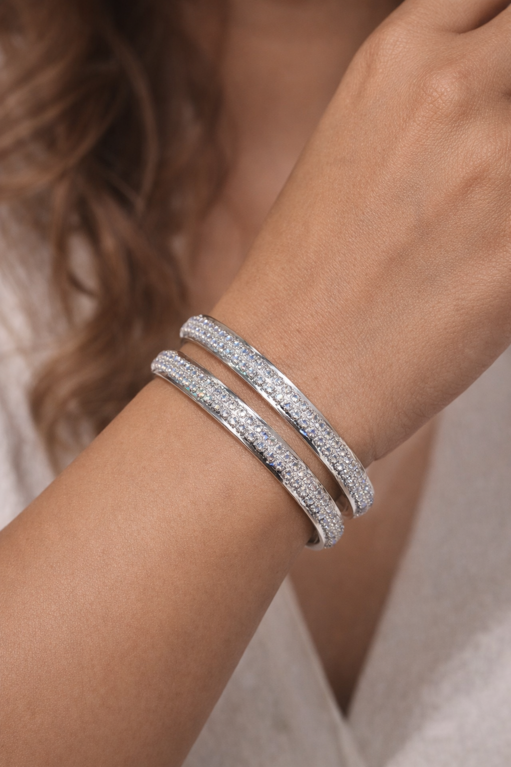Elegant Silver Diamond-Encrusted Bangle Set