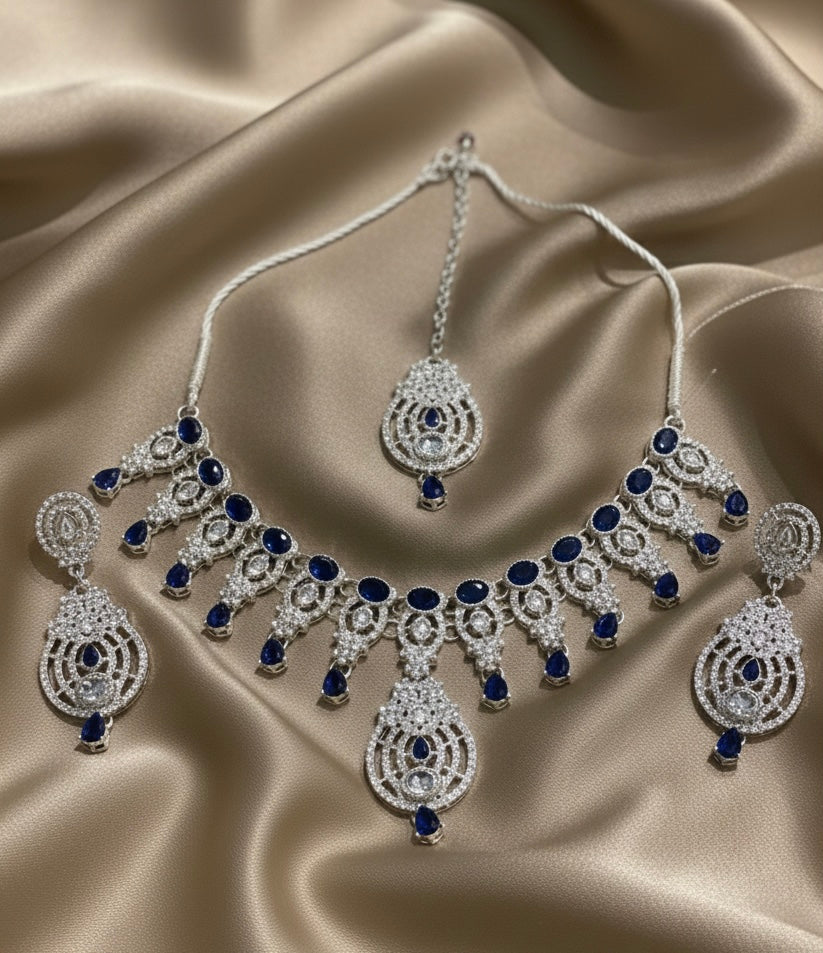 Exquisite Royal Blue Sapphire & Silver Jewelry Set
