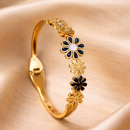 The Midnight Bloom Bangle – Golden Floral Cuff