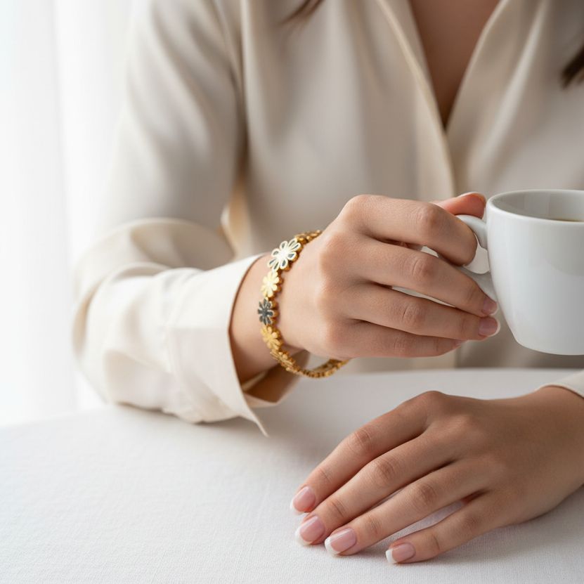 The Midnight Bloom Bangle – Golden Floral Cuff
