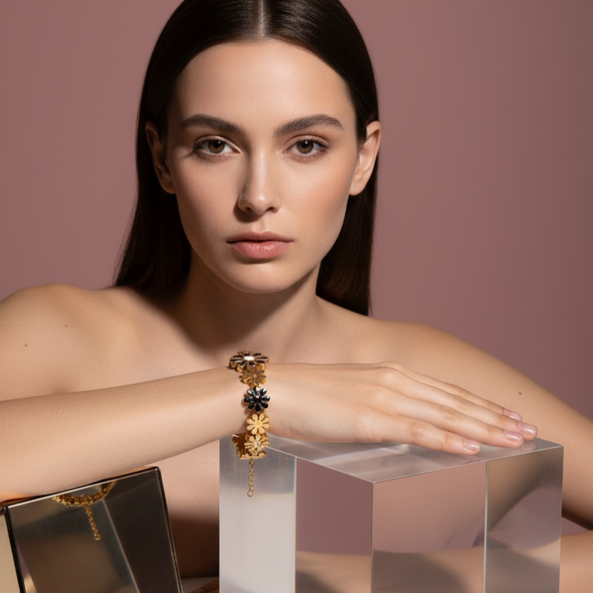 The Midnight Bloom Bangle – Golden Floral Cuff