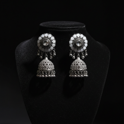 Hera Oxidized Silver White Enamel Jhumka Earrings