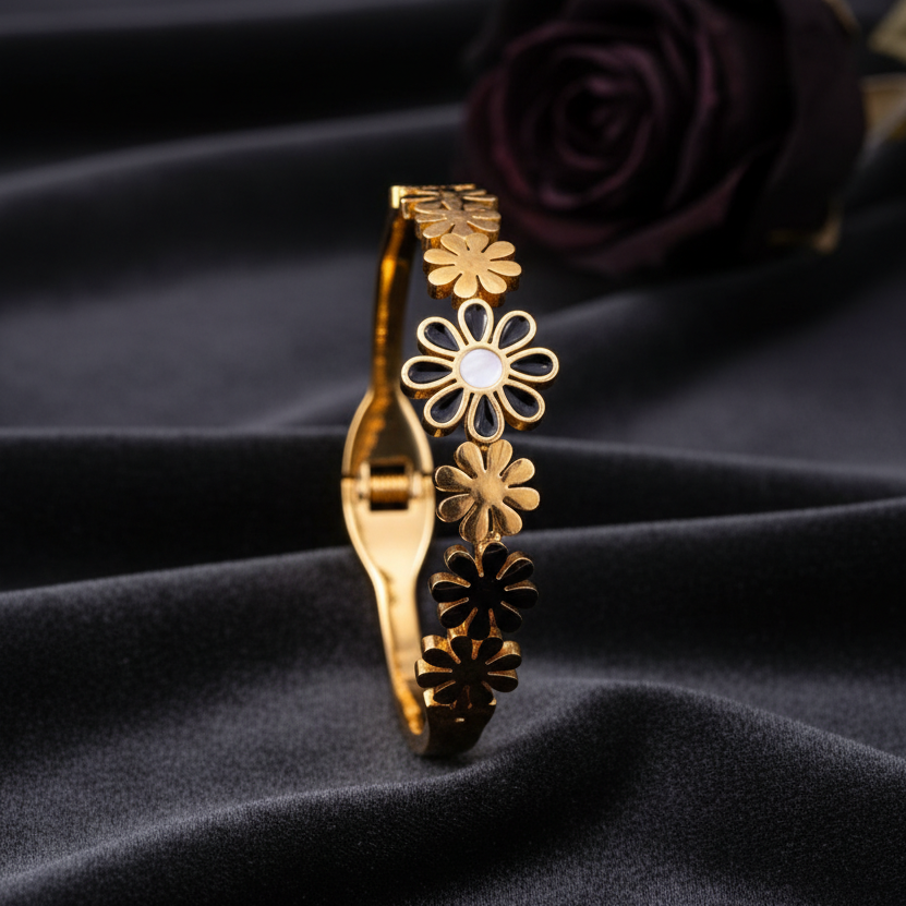 The Midnight Bloom Bangle – Golden Floral Cuff