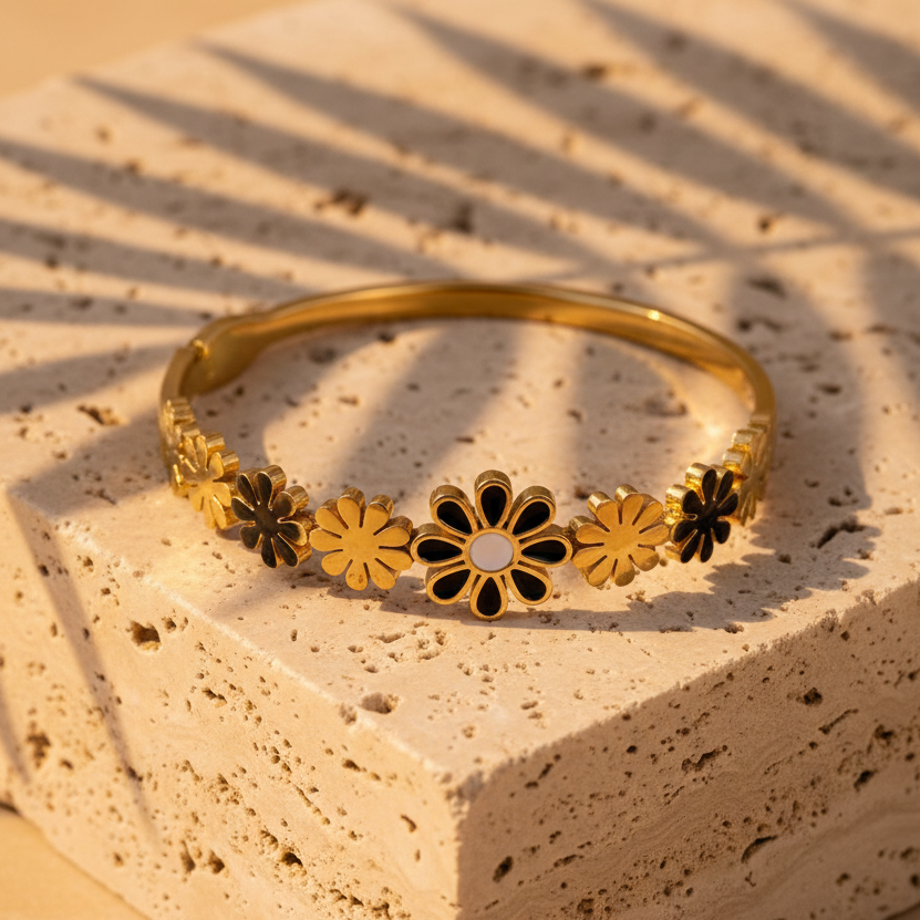 The Midnight Bloom Bangle – Golden Floral Cuff