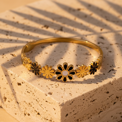 The Midnight Bloom Bangle – Golden Floral Cuff