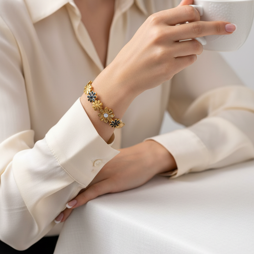 The Midnight Bloom Bangle – Golden Floral Cuff