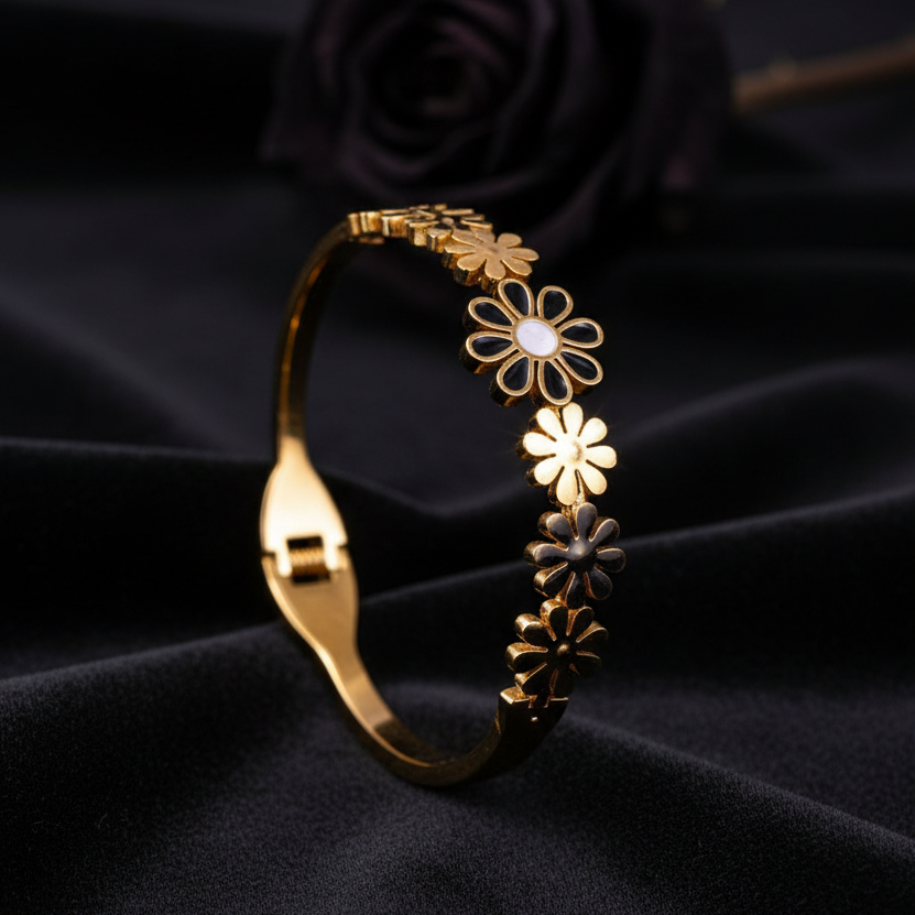 The Midnight Bloom Bangle – Golden Floral Cuff