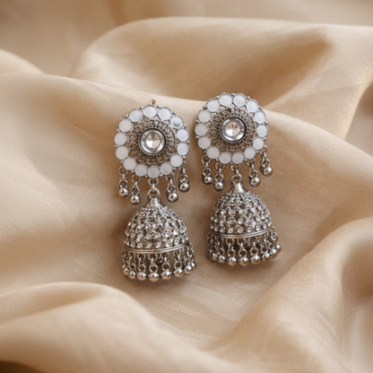 Hera Oxidized Silver White Enamel Jhumka Earrings
