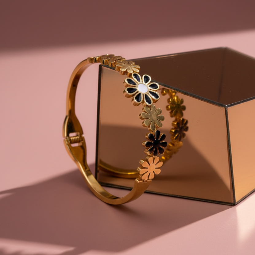 The Midnight Bloom Bangle – Golden Floral Cuff