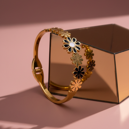 The Midnight Bloom Bangle – Golden Floral Cuff