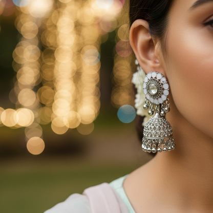 Hera Oxidized Silver White Enamel Jhumka Earrings