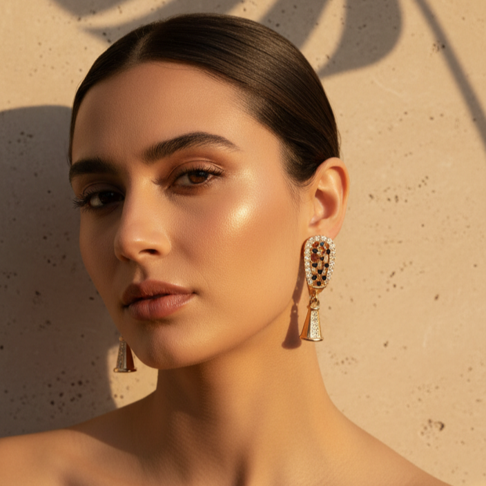 Aurora Rose Gold Lattice Drop Earrings with Crystal Accents